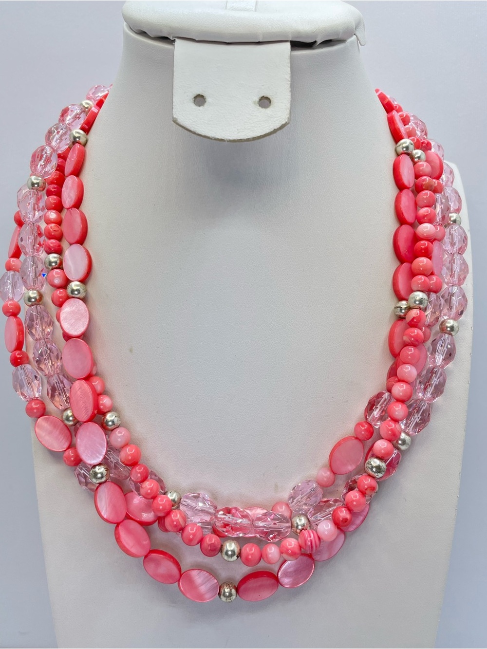 Pink Mother Of Pearl Crystal Multi Strand Statement Necklace Boho Chic Coastal